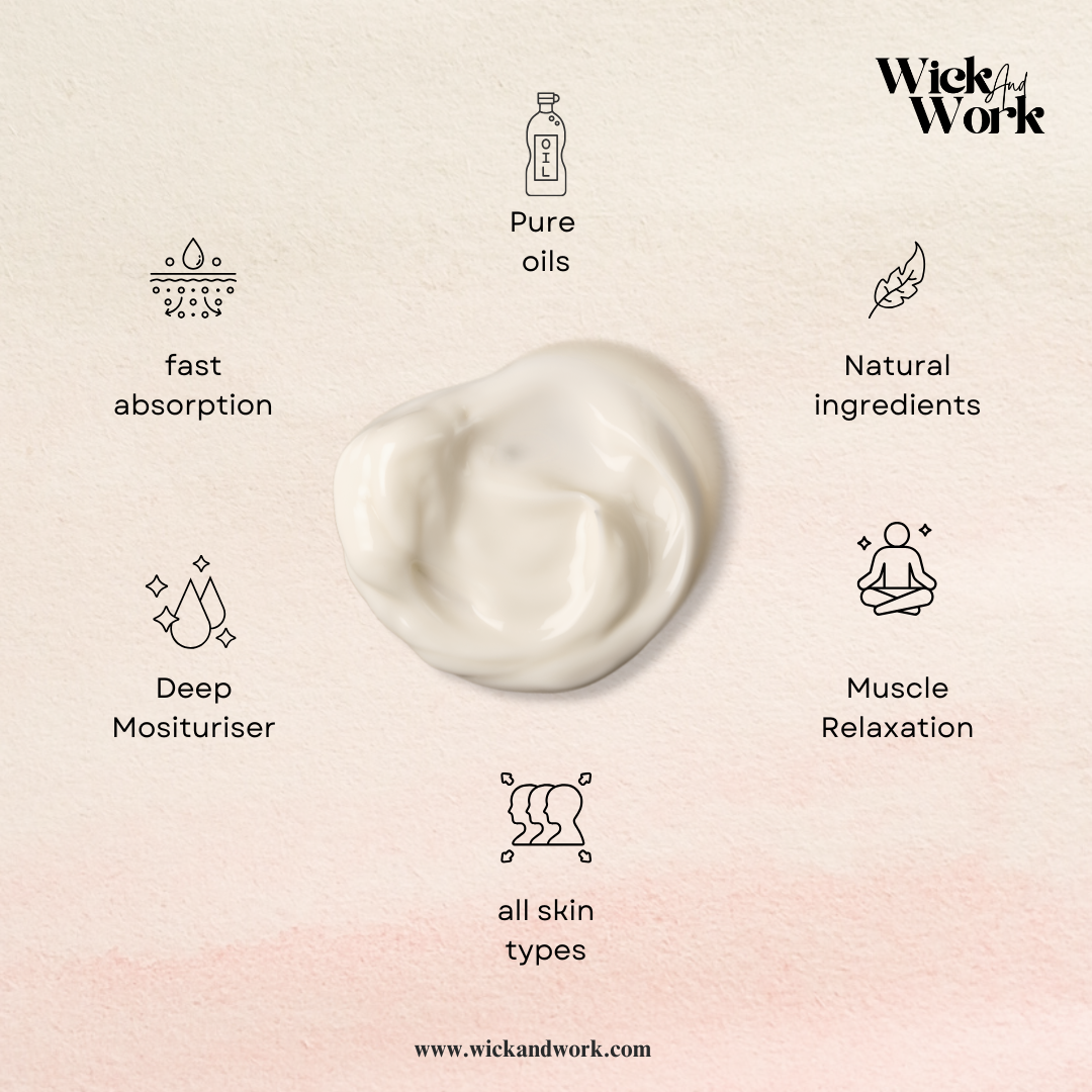 Product display with cream swatch, icons, and text on a light background
